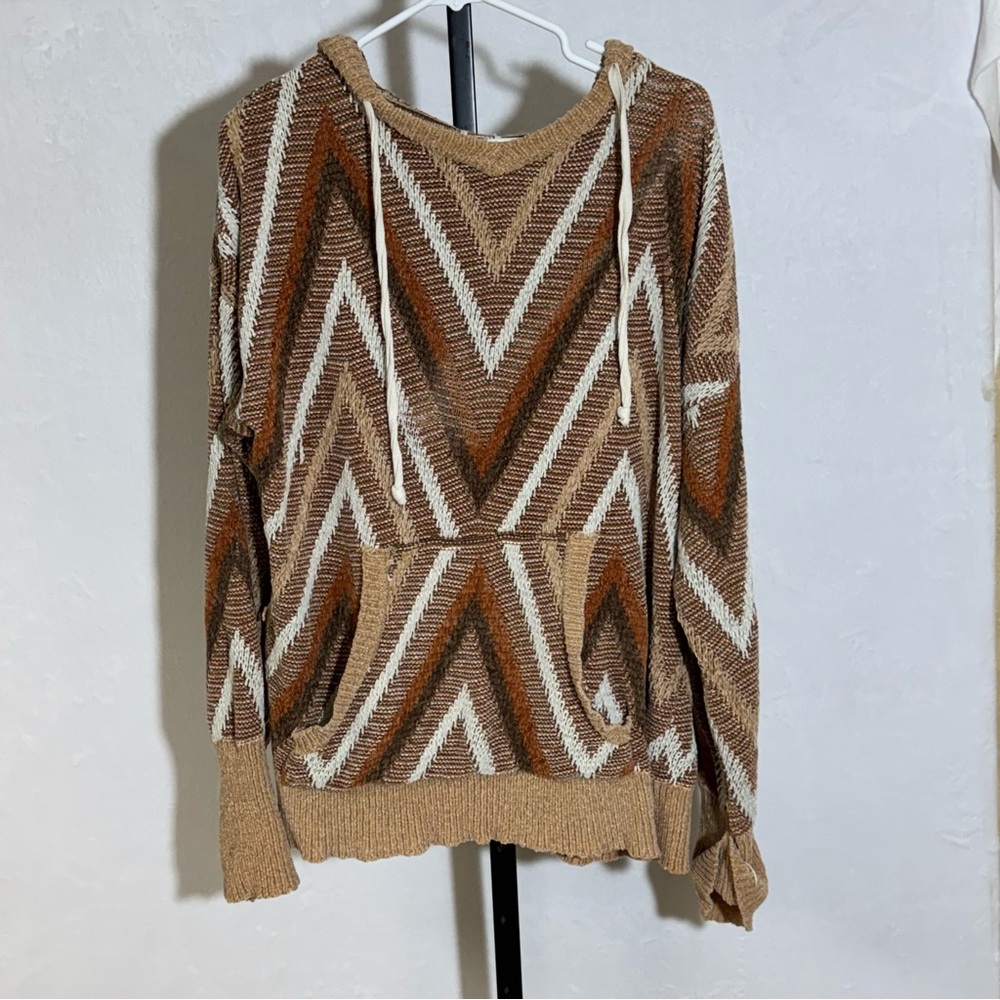 BKE Casual Chevron XL Knit Hoodie Sweater - Brown Tan Rust & Cream